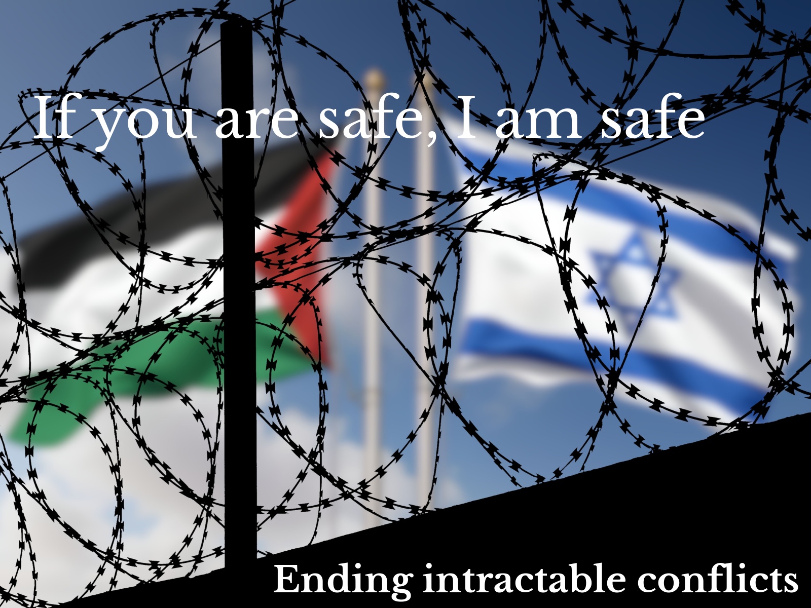 If You Are Safe I Am Safe — Ending intractable conflicts: Israeli and Palestinian flags seen through razor wire